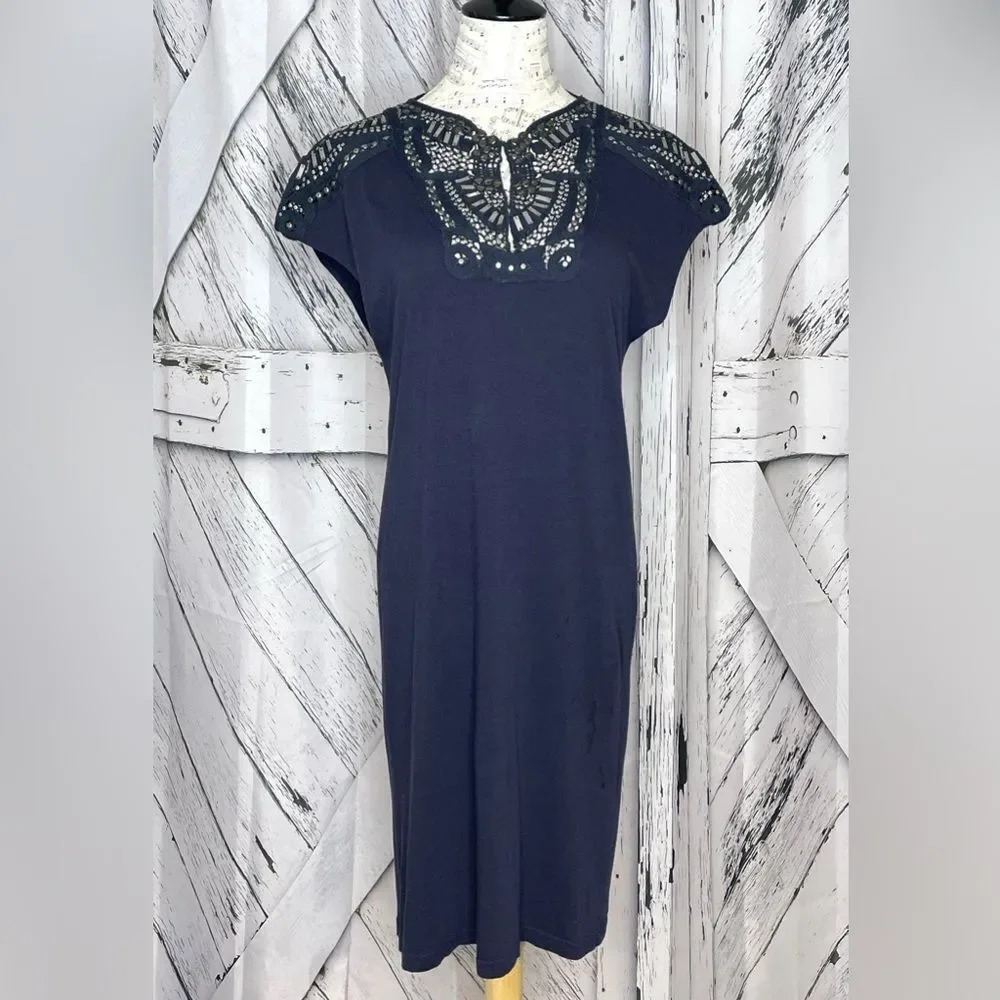 Tory Burch T-Shirt Dress Cap Sleeves Navy w/ Silver Embellishment S